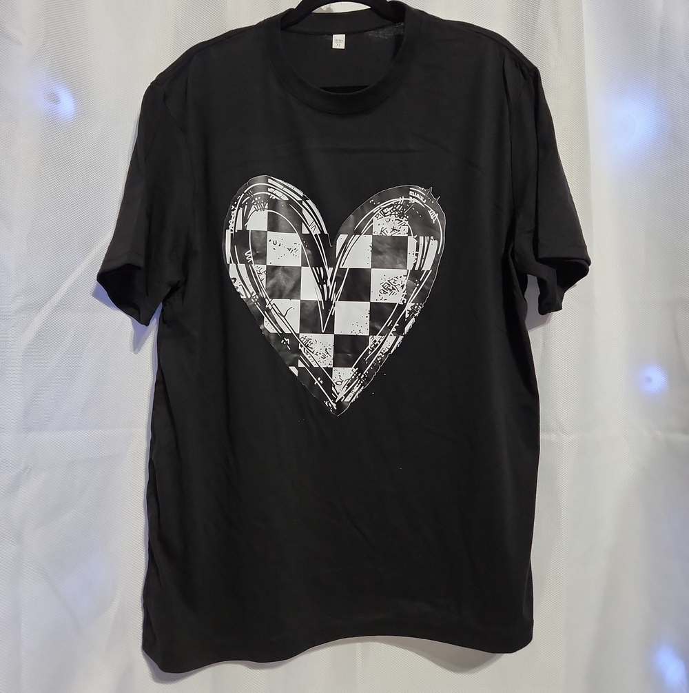 Black Short Sleeve Tee with White Checkered Heart Graphic